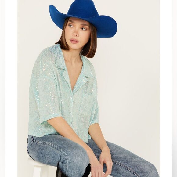 BOUTIQUE She + Sky oversized sequin sparkle glam coastal cowgirl boxy top - Picture 2 of 7
